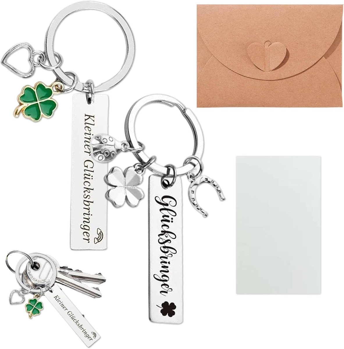 Sleutelhanger geluksbrenger set van 2 – metalen gelukshanger met gravure – klavertjevier hartje hoefijzer lieveheersbeestje – zilverkleurig – cadeau voor vrienden