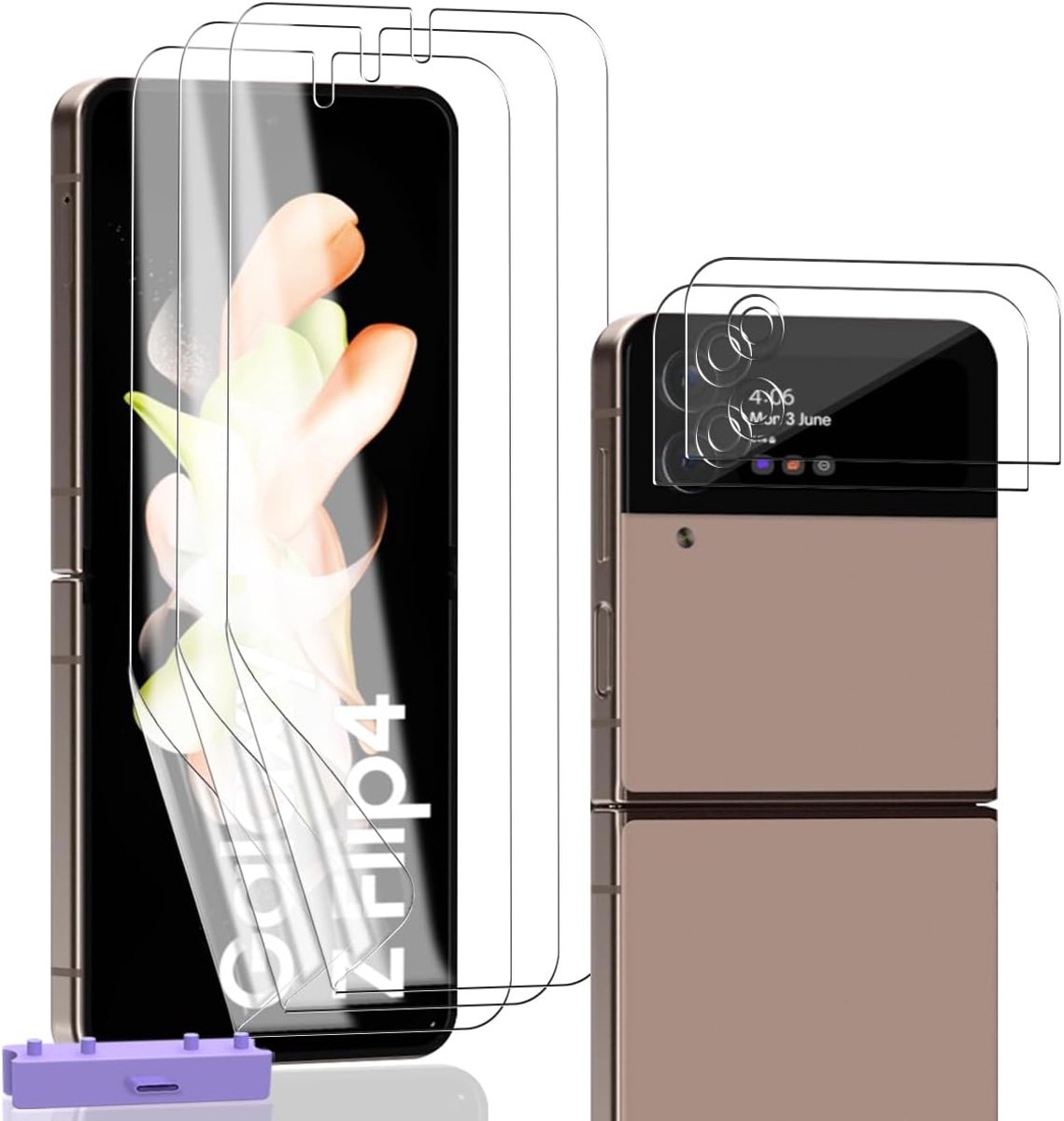Displaybeschermfolie voor Samsung Galaxy Z Flip 4, 3 + 2 stuks, TPU-folie met uitlijningsgereedschap, gehard glas voor camera, 9H, vingerafdruk, krasbestendig, zonder luchtbellen, hoge