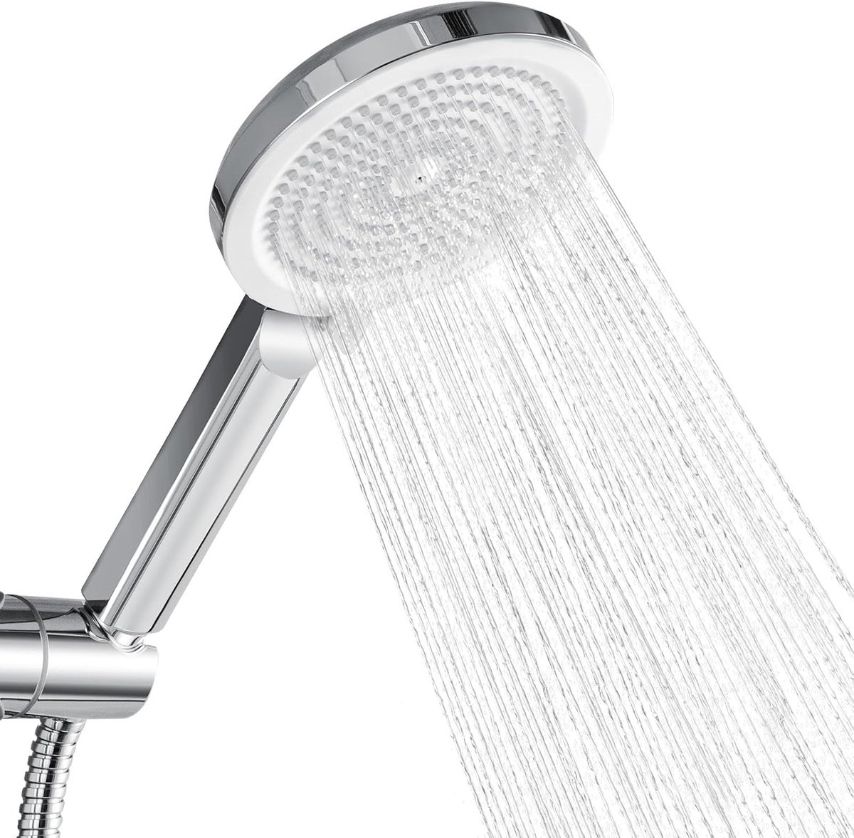 Douchekop, douchen met 4 straalsoorten, waterbesparend, groot 127 mm, antikalk, reinigingsvriendelijk, chroom/wit