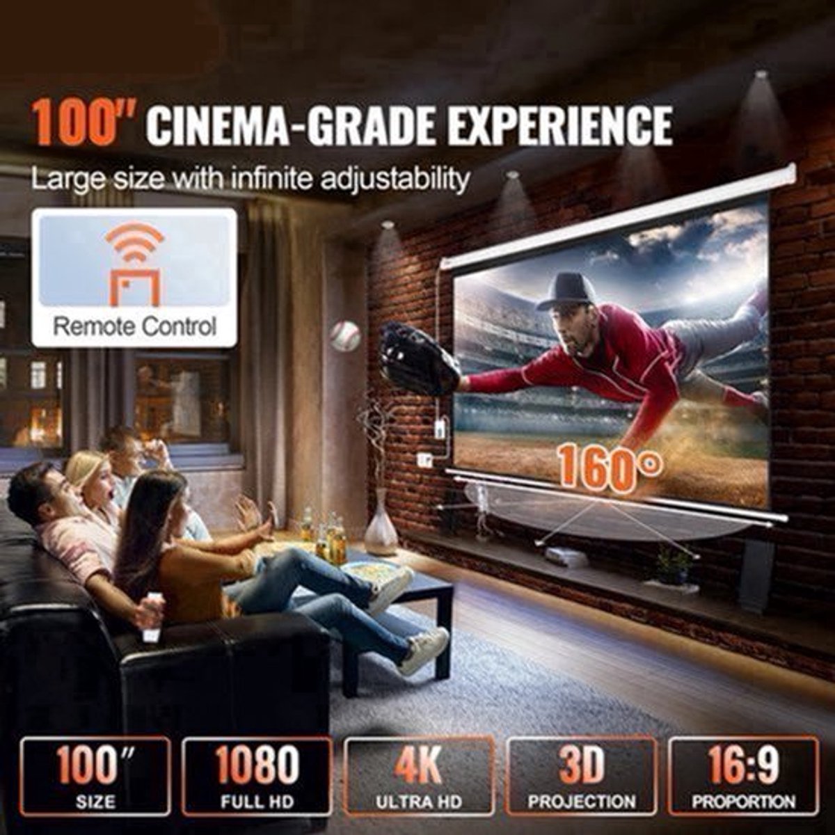 Projectieschermen - Beamer Scherm - Projector Scherm - Projectiescherm - 100Inch - Elektrisch - 16:9 4K/1080p HD - voor Wandmontage - Ideaal voor Thuisbioscoop en Kantoor