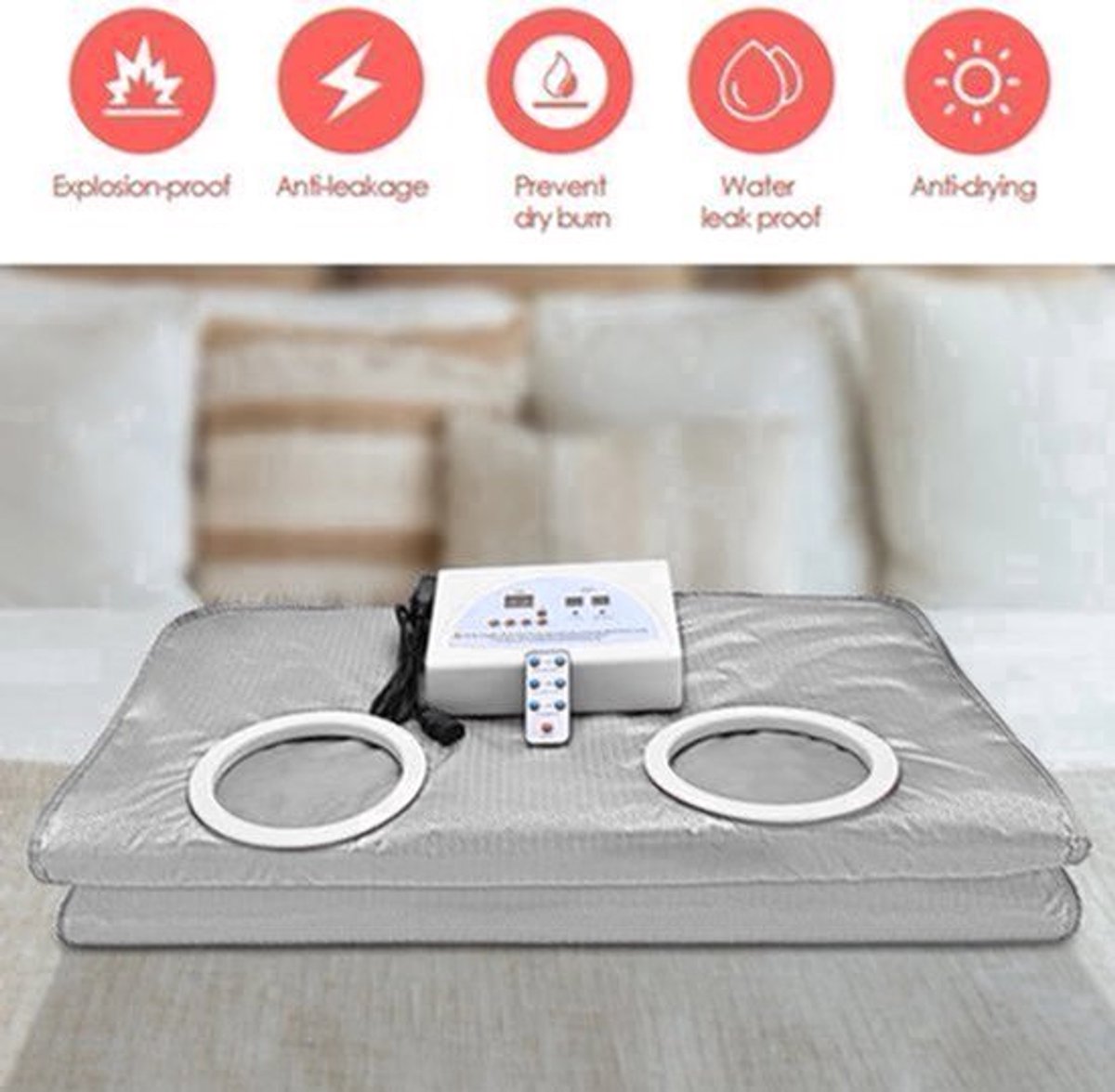Sauna Deken - 650W - 220V - 60Hz - 2-Zone - Buitenkant Oxford-doek, binnenkant PVC - Stress - Pijnverlichting - Fibromyalgie - Reuma - Infraroodtherapie - Ontspanning - Zilver