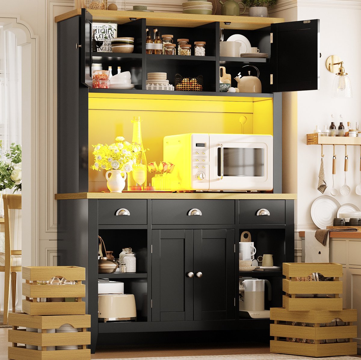 MODENUIT Keukenkast 120 bij 40 bij 188 cm - RGB-Ledverlichting en Softclose Deuren - Keuken - MDF - Zwart