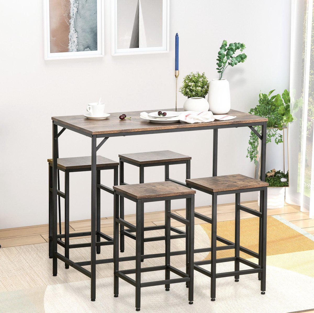 Modenuit Bartafelset 100 x 60 x 88 Cm - 4 Barkrukken - Voor Keuken Eethoek - Hout En Metaal - Bruin Zwart