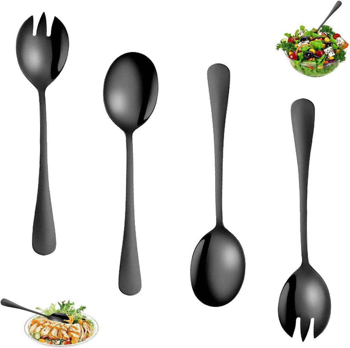 4 Stuks Saladebestek Zwart Saladelepel en Saladevorken uit Roestvrij Staal met Lange Handgrepen Saladebestek Set voor Familie, Hotels, Restaurants