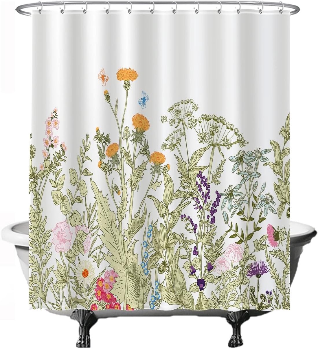 Douchegordijn - Natuur Bloemen Retro Vintage - 180 x 200 cm - Sneldrogend - Waterdicht - Wasbaar - Anti Schimmel - Badkamer Gordijn - Badgordijn - met 12 ringen - Groen Wit
