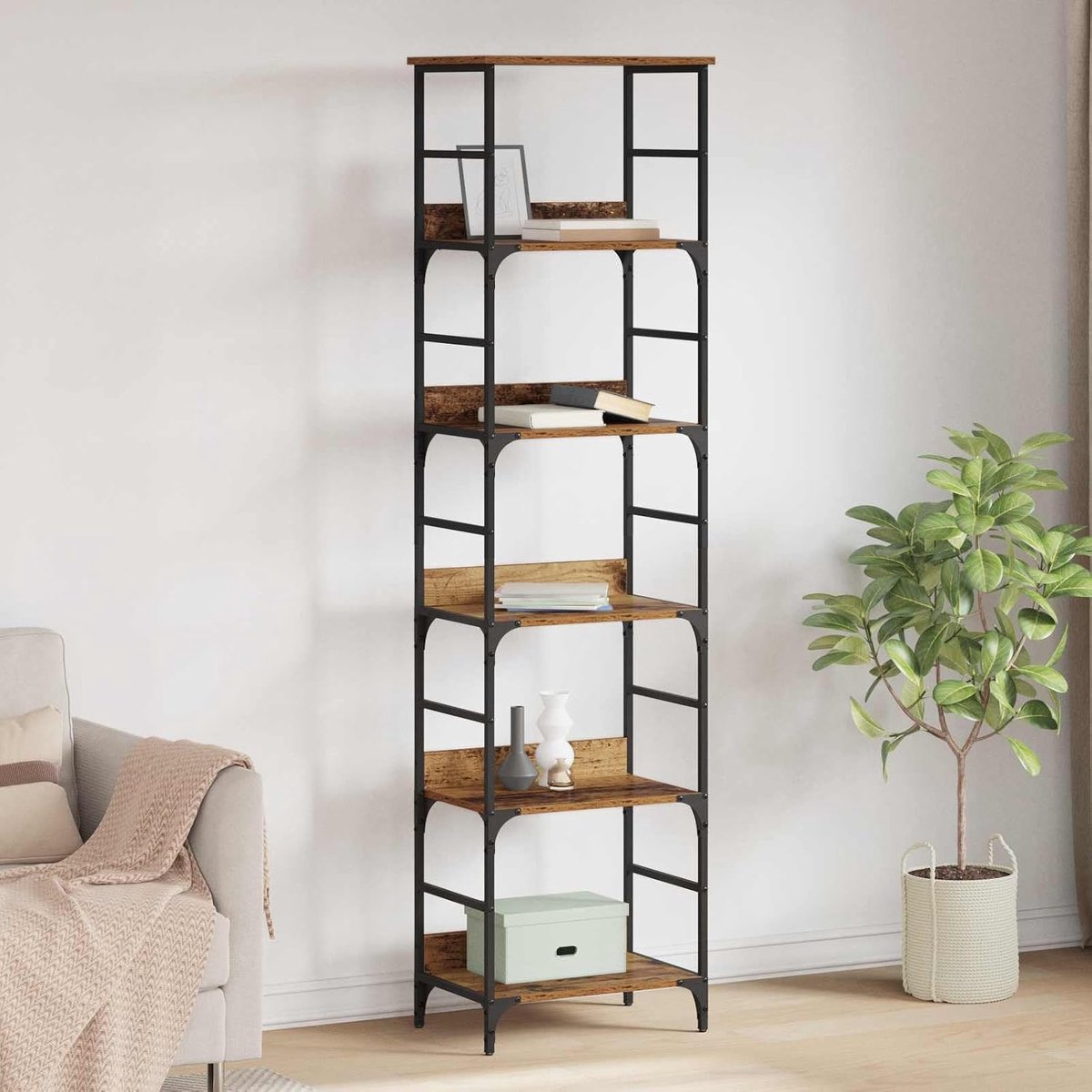Boekenkast 5 niveaus 50x33x188,5 cm houtmateriaal oud hout staand rek
