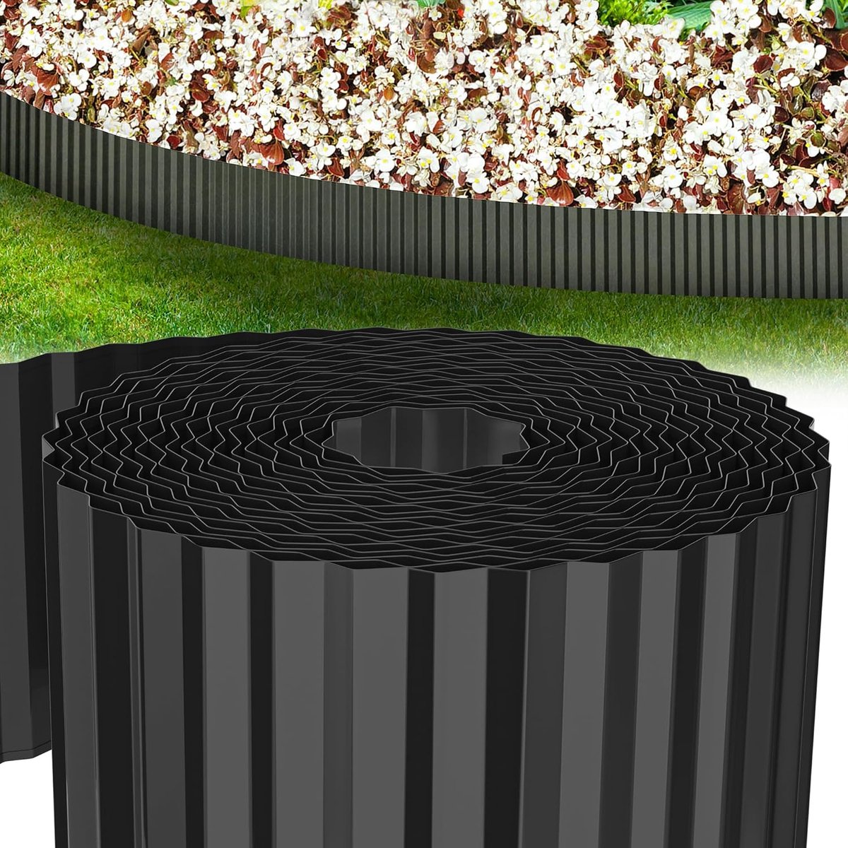 Gazonrand, flexibele gazonomranding van metaal, verzinkt, bloemperkrand, tuinafbakening voor wortelstop, gazon, maaikant, bloembed, zwart, 18 cm x 500 cm