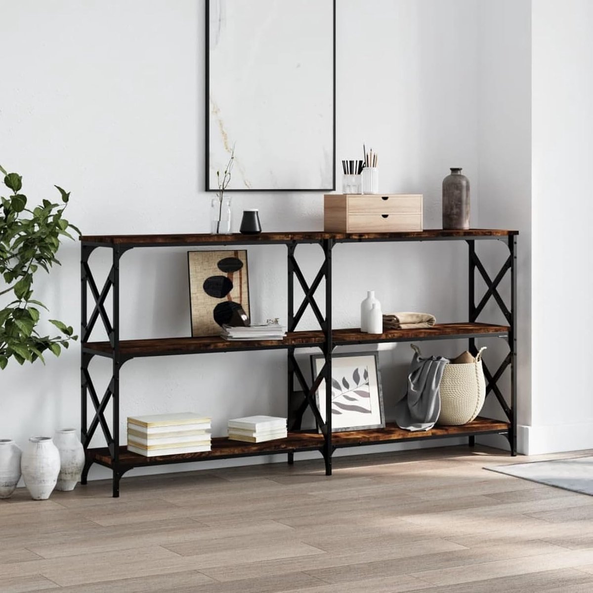 Consoletafel gerookt eiken, 156 x 28 x 80,5 cm, technisch hout, ingangsmeubel, eindtafel voor woonkamer, entree, hal, eetkamer