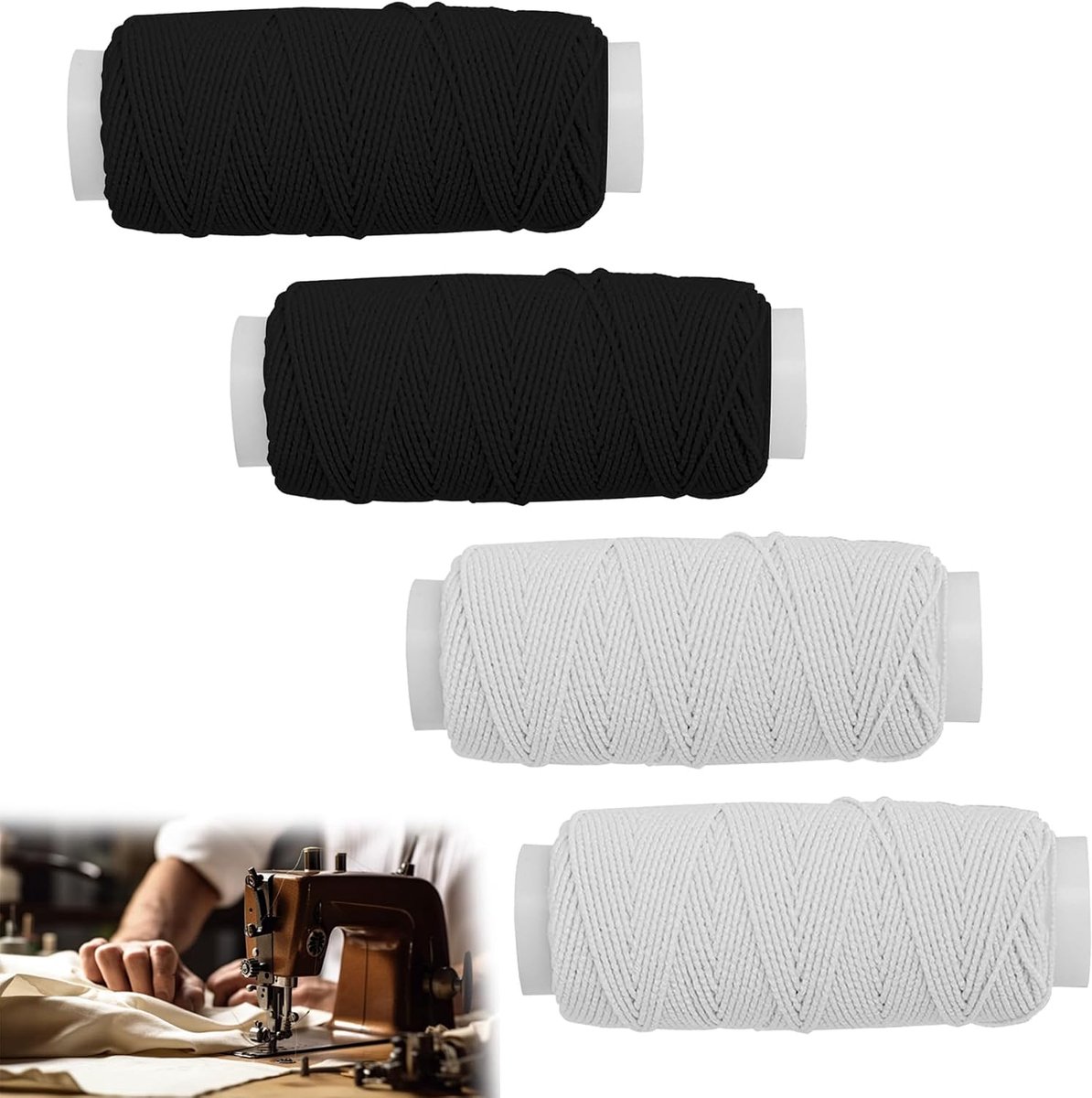 Naaigarenset, 4 stuks (2 zwart + 2 wit) onverpakt elastisch koord, ideaal voor dressmaking, kostuumontwerp, kralenarmbanden, kettingen en sieraden maken projecten