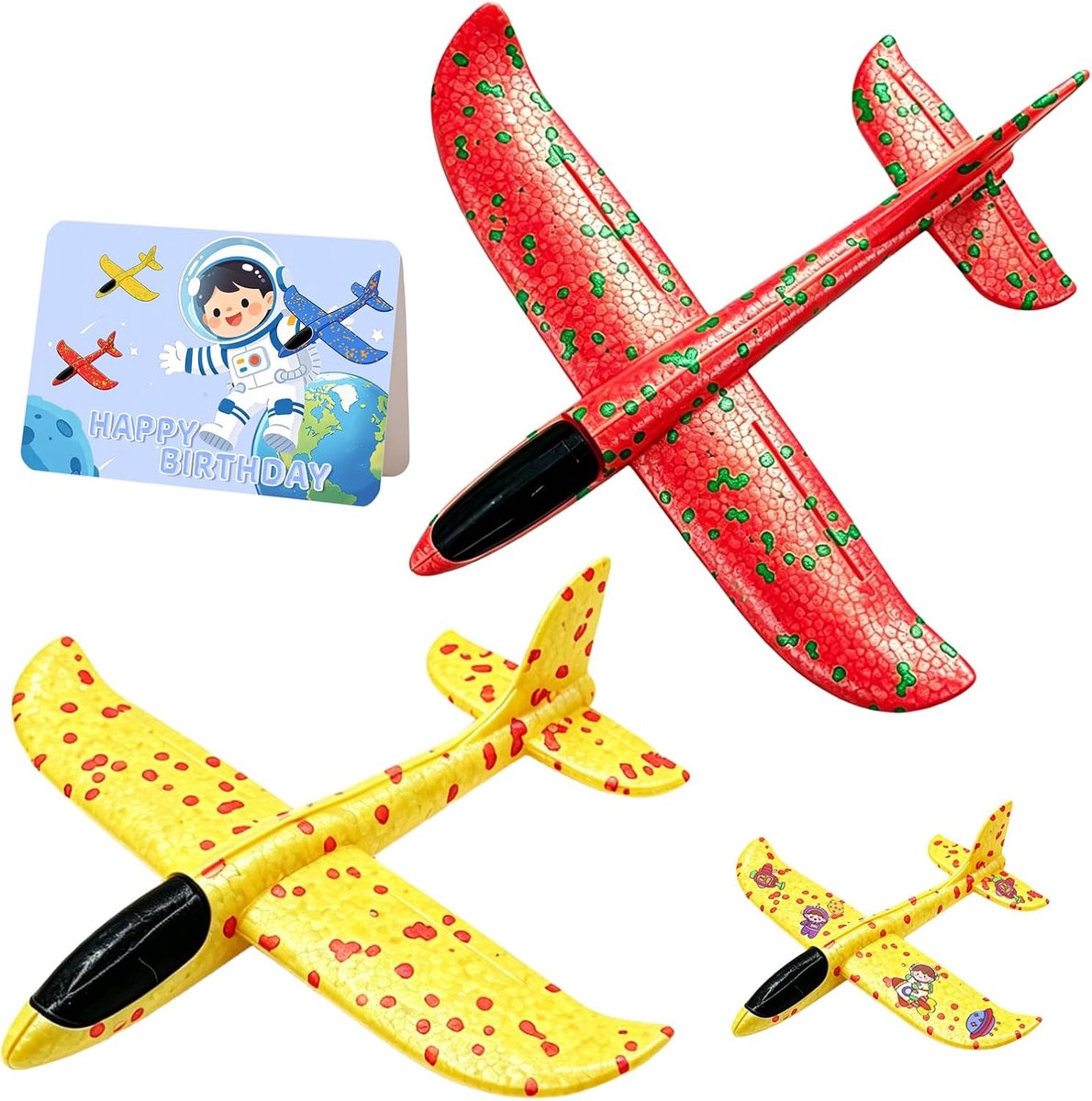 2 stuks vliegtuigspeelgoed voor kinderen, van polystyreen, voor kinderen, met kaart, vliegtuig, zeilvliegtuig, schuim, astronautstickers, rood en geel