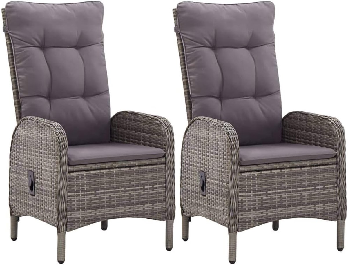 2 stuks tuinstoelen van polyrotan, grijs met kussen, ligstoel van rotan, stoelen van rotan, outdoorstoel van rotan, 58 x 62 x 108 cm