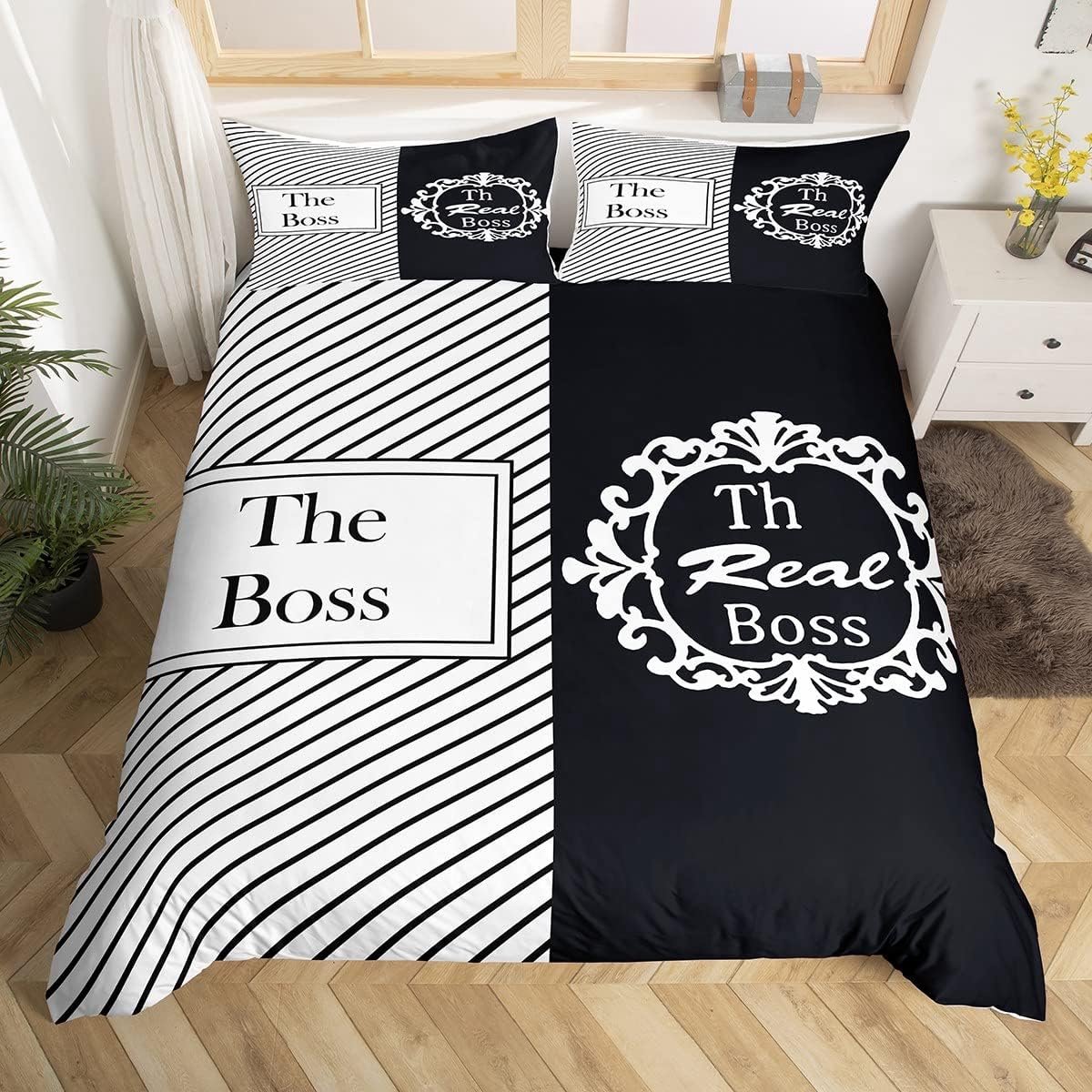 Beddengoedset met zijkant, wit en zwart, dekbedovertrek voor vrouw, echtgenoot, paar, humoristische spreihoes, tweepersoons dekbedovertrek met 2 kussenslopen