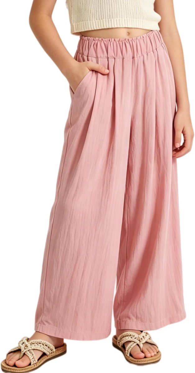 Meisjesbroek met wijde pijpen, vloeiende paperbag-stijl, elastische taille, zomer, palazzo broek met zakken voor losse pasvorm