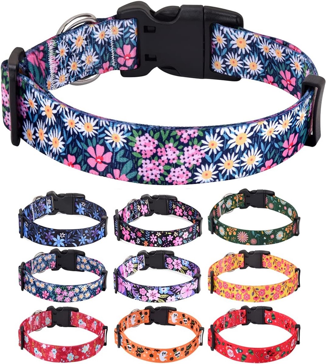 Halsbanden met bloemenprint, zachte comfortabele verstelbare halsbanden voor kleine middelgrote grote honden, bloemenpatroon voor meisjesjongenshonden (kleurrijke bloemen, S)