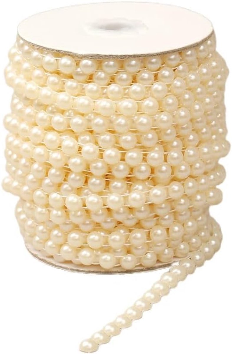Kralenslinger 12 mm x 10 m kunstparelketting, decoratieve parelband, beige, bruiloft, parelsnoer om te knutselen, vislijn, kunstparels, string halfronde parelrol voor Kerstmis, doe-het-zelf kransen,