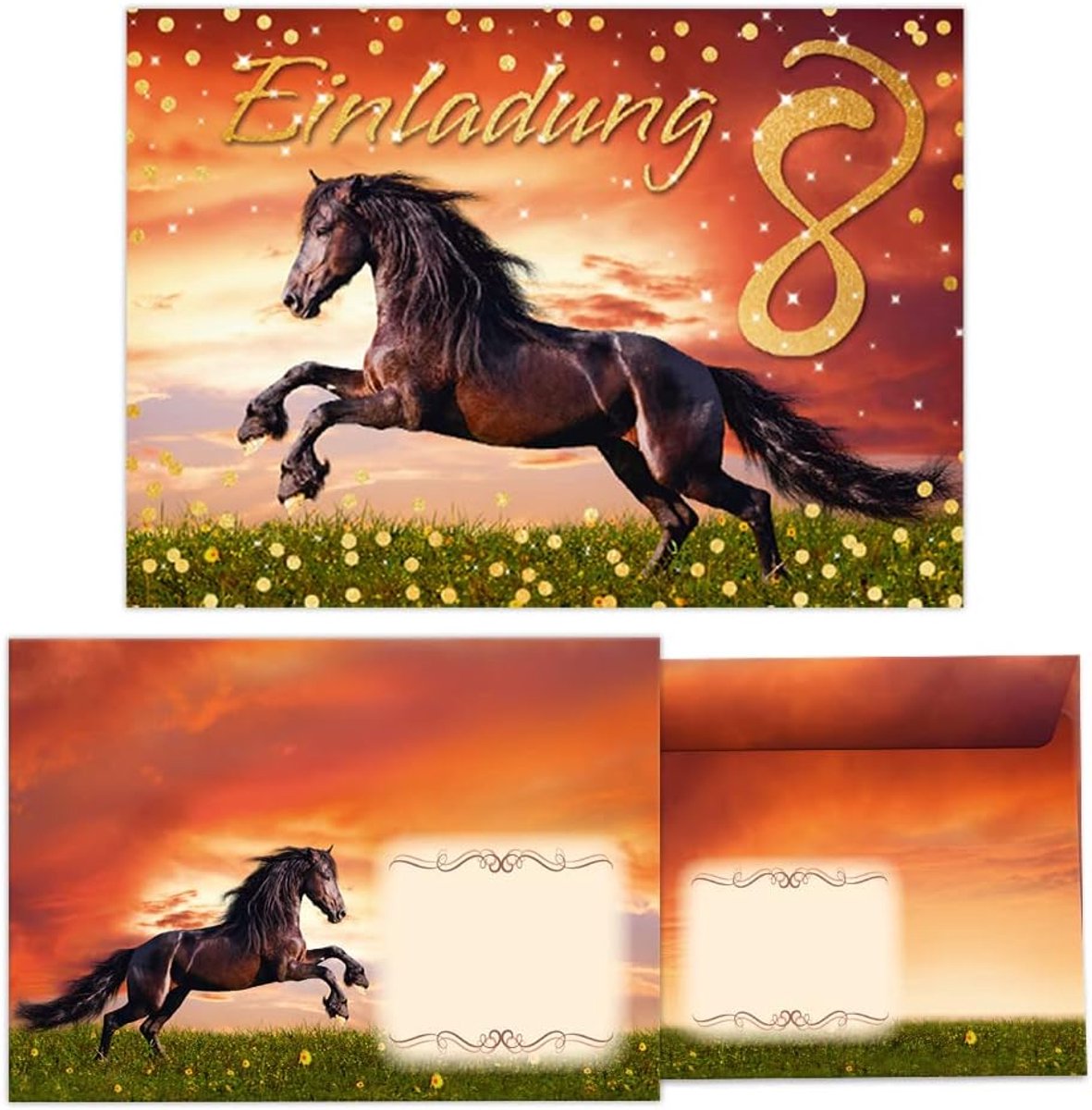 Uitnodigingskaarten voor de 8e kinderverjaardag achtste verjaardag meisje paard bruin incl. 12 enveloppen, 12 zakjes / natuur, 12 stickers