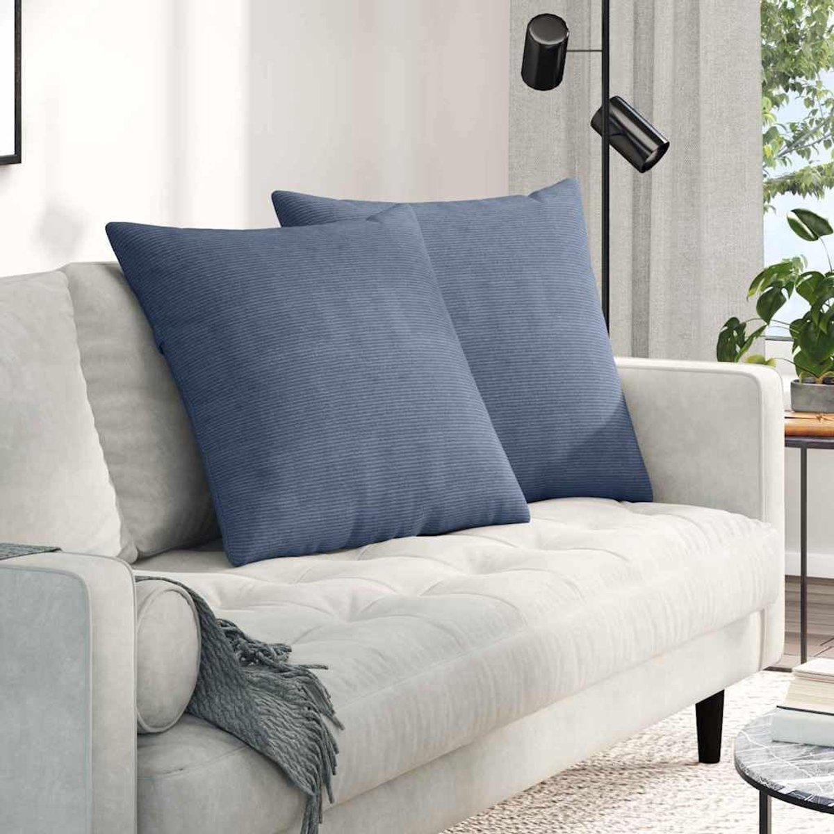 Bankkussen, 2 stuks, blauw, 80 x 80 cm, corduroy, kussenpaar 80 x 80 cm, met ritssluiting, voor woonkamer en slaapkamer