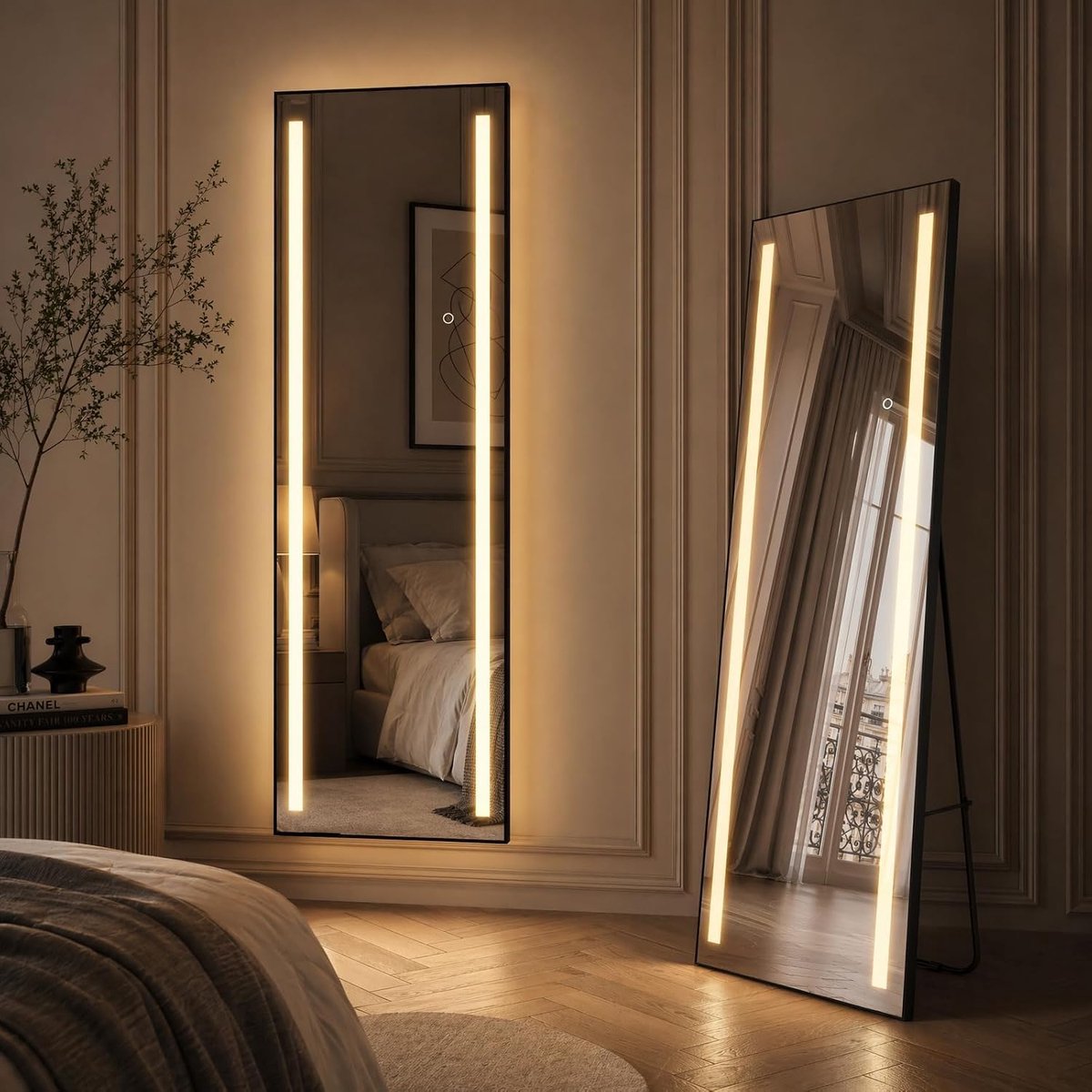 LED Vloerspiegel, XXL, 150 x 50 cm, grote wandspiegel, 3 kleuren, dimbare verlichting, aluminium frame, met standaard, voor slaapkamer, woonkamer, garderobe, rechthoekig, zwart