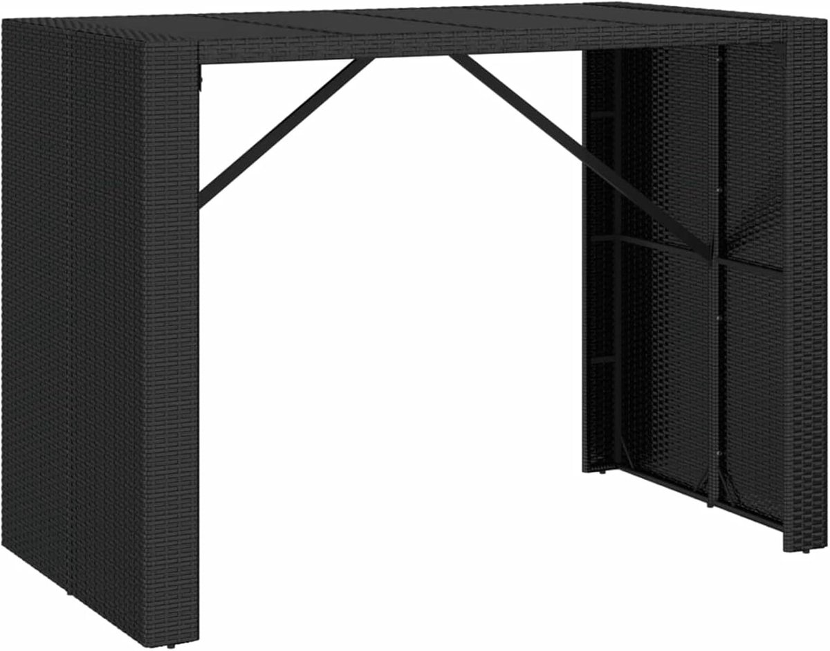 Bartafel van PE-rotan met glasplaat, tuintafel, rechthoekige bartafel, bartafel, bartafel, rotantafel, tuintafel, rotan, zwart, 145 x 80 x 110 cm