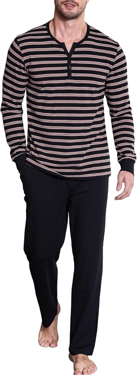 pyjama voor heren, lange slaapkleding, katoenen pyjamaset, winternachtkleding, lange mouwen, met knoopsluiting, V-hals en strependesign