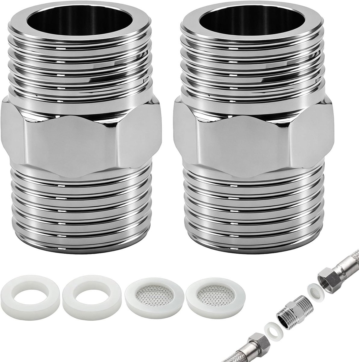 2 stuks 1/2 inch doucheslangadapter, roestvrij staal 1/2 inch dubbele nippel adapter verlenging, 1/2 inch verlenging slangconnector