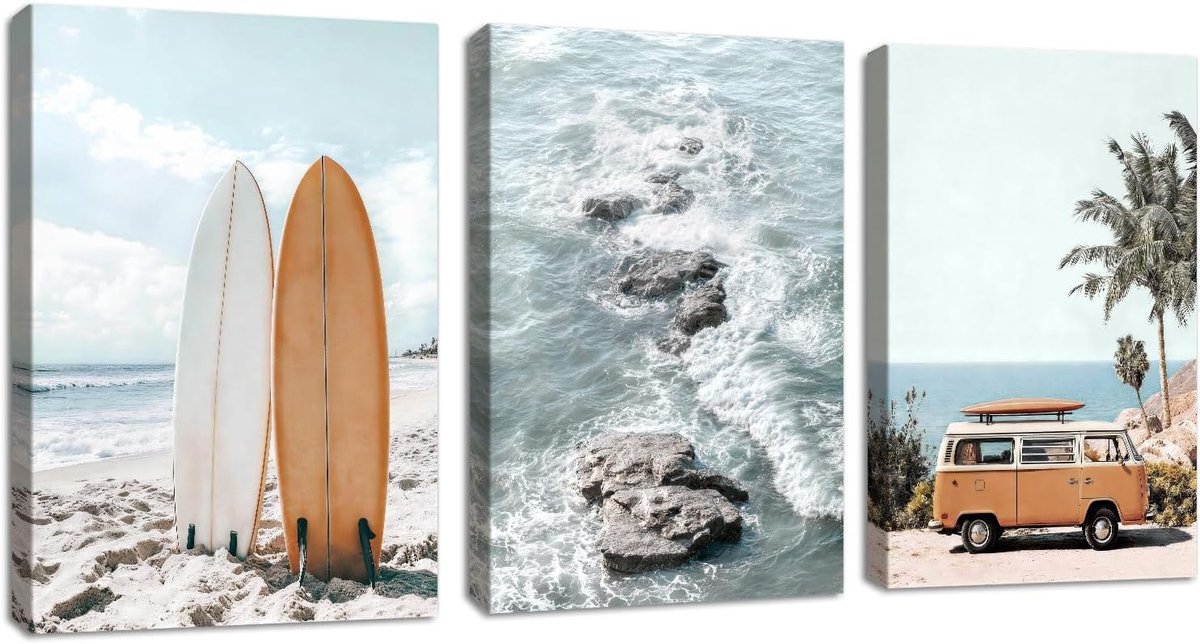3 stuks, zomer, blauw, kustlandschap, wanddecoratie, met frame, vintage, surfplank, bus, print op canvas, ontspanning, natuur, landschap, poster, schilderij, decoratie voor slaapkamer, woonkamer, 40 x