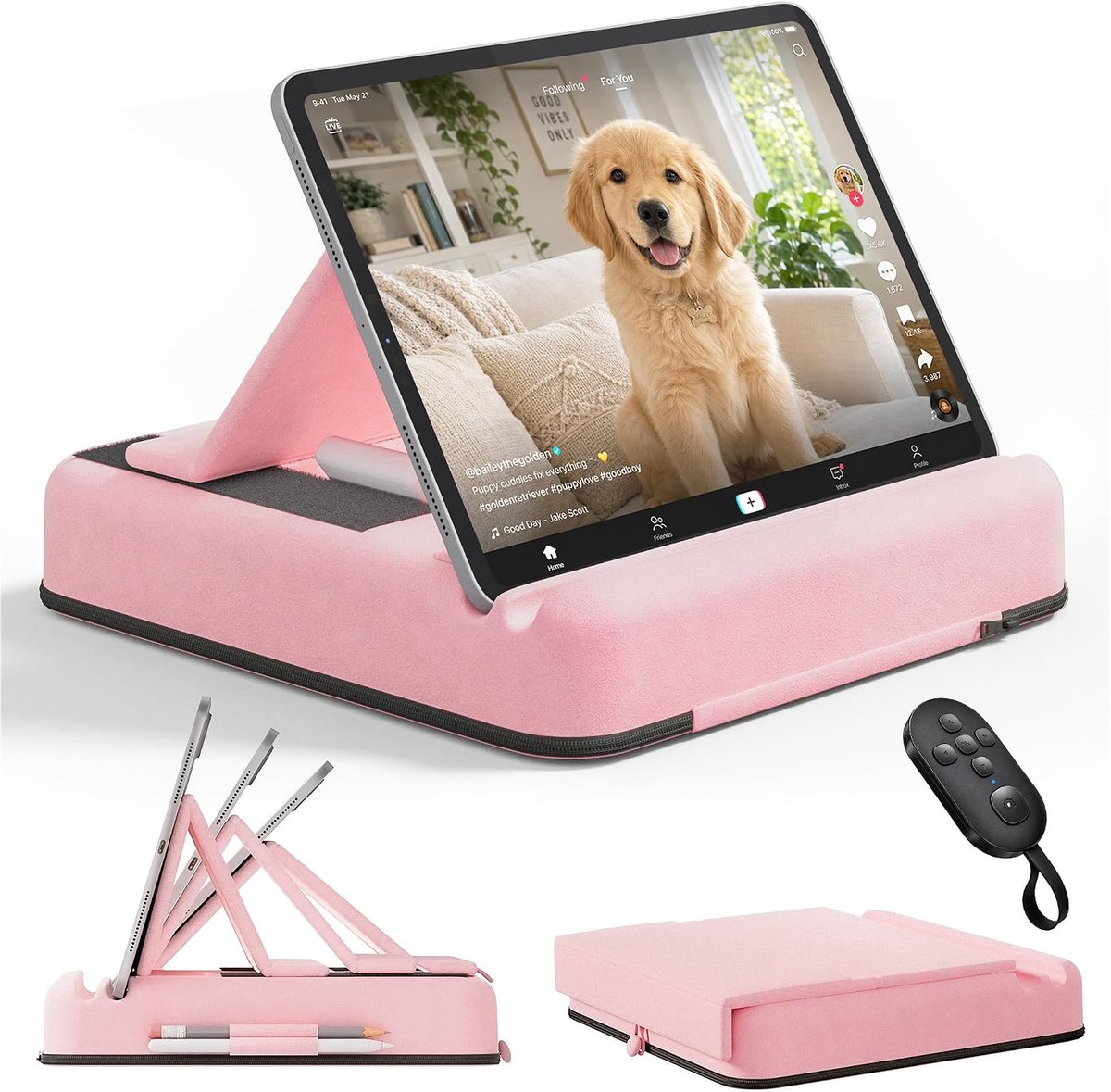 Tablet-kussenhouder met afstandsbediening, meerhoekig inklapbare iPad-houder bed, tablethouder met zacht kussen met tas en penhouder, voor 4,7-13 inch iPad, telefoons, apparaten, roze