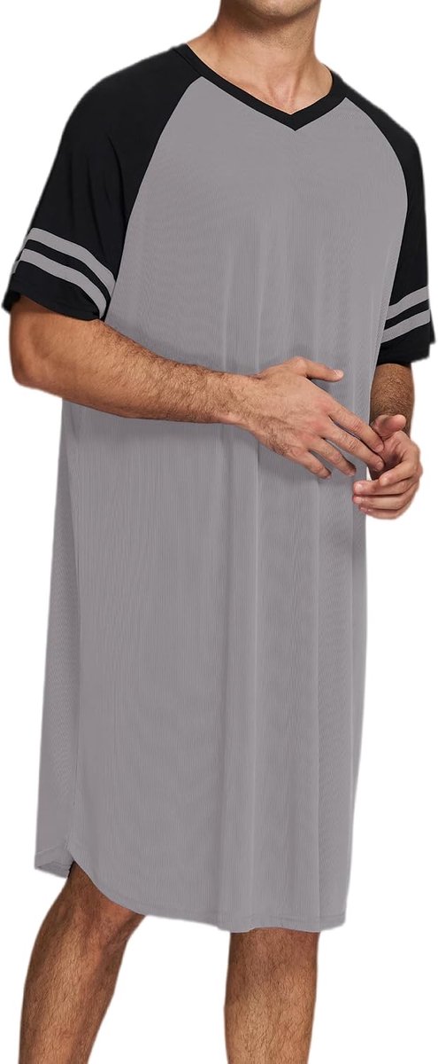 Nachthemd voor heren, slaapshirt, lange V-hals, zacht, ademend, nachthemd, korte mouwen, nachthemd, ziekenhuis, nachtkleding, om uit te rusten