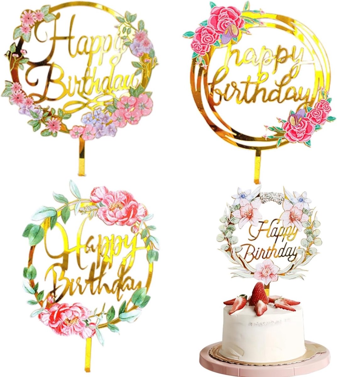 4 stuks gouden bloem acryl taarttoppers voor verjaardag, perfect voor verjaardagstaart decoratie en feestviering - Happy Birthday-thema
