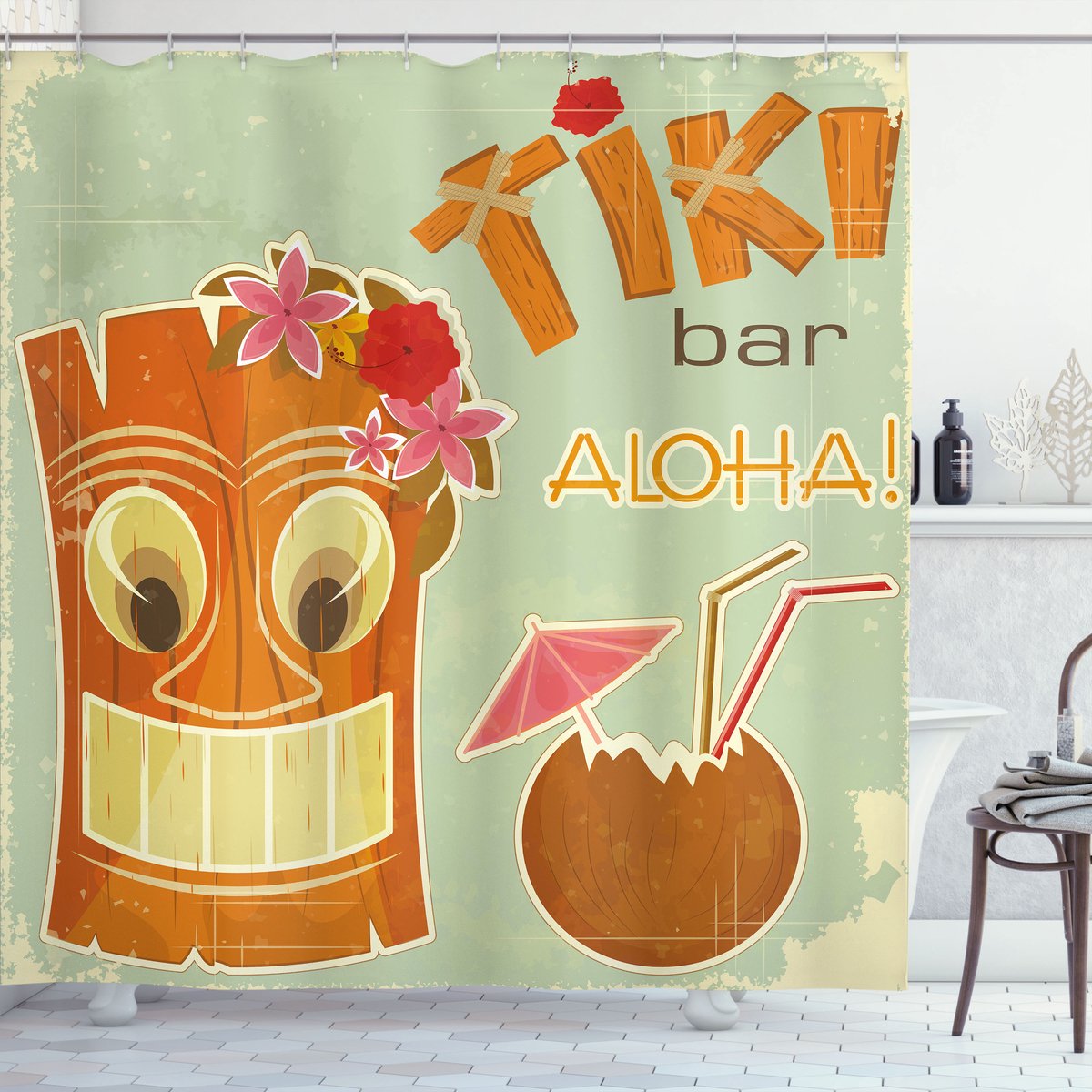 ABAKUHAUS Tiki Bar Douchegordijn, Getränke Masker Flora, Stoffen Badkamerdecoratieset met Haken, 175 x 180 cm, Meerkleurig