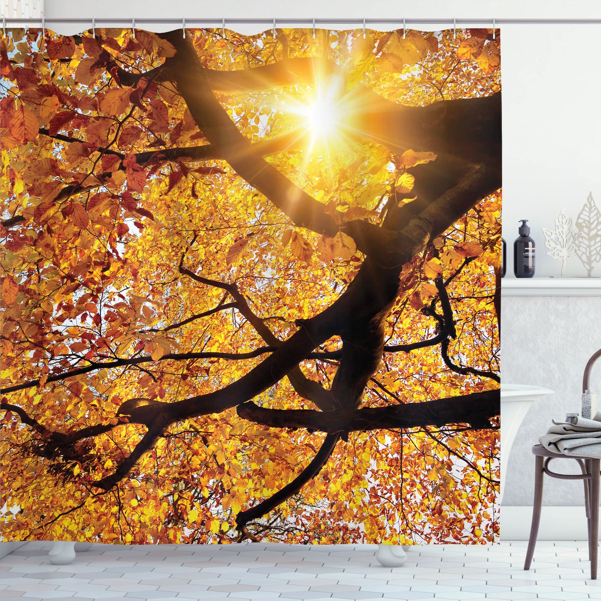 ABAKUHAUS Natuur Douchegordijn, Zon in het Oktober Ernte, Stoffen Badkamerdecoratieset met Haken, 175 x 200 cm, Oranje