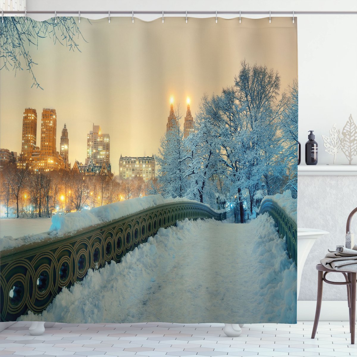 ABAKUHAUS Winter Douchegordijn, New York Central Park, Stoffen Badkamerdecoratieset met Haken, 175 x 180 cm, Oranje Wit Olijfgroen