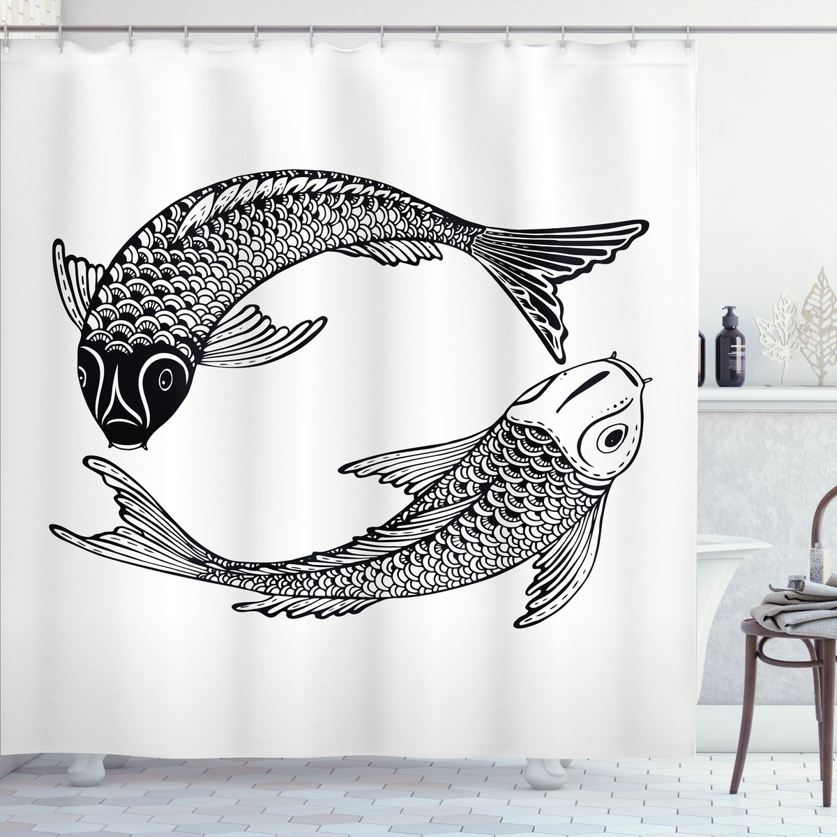 ABAKUHAUS Koifisch Douchegordijn, Japanse Carps Liefde, Stoffen Badkamerdecoratieset met Haken, 175 x 180 cm, Zwart en wit