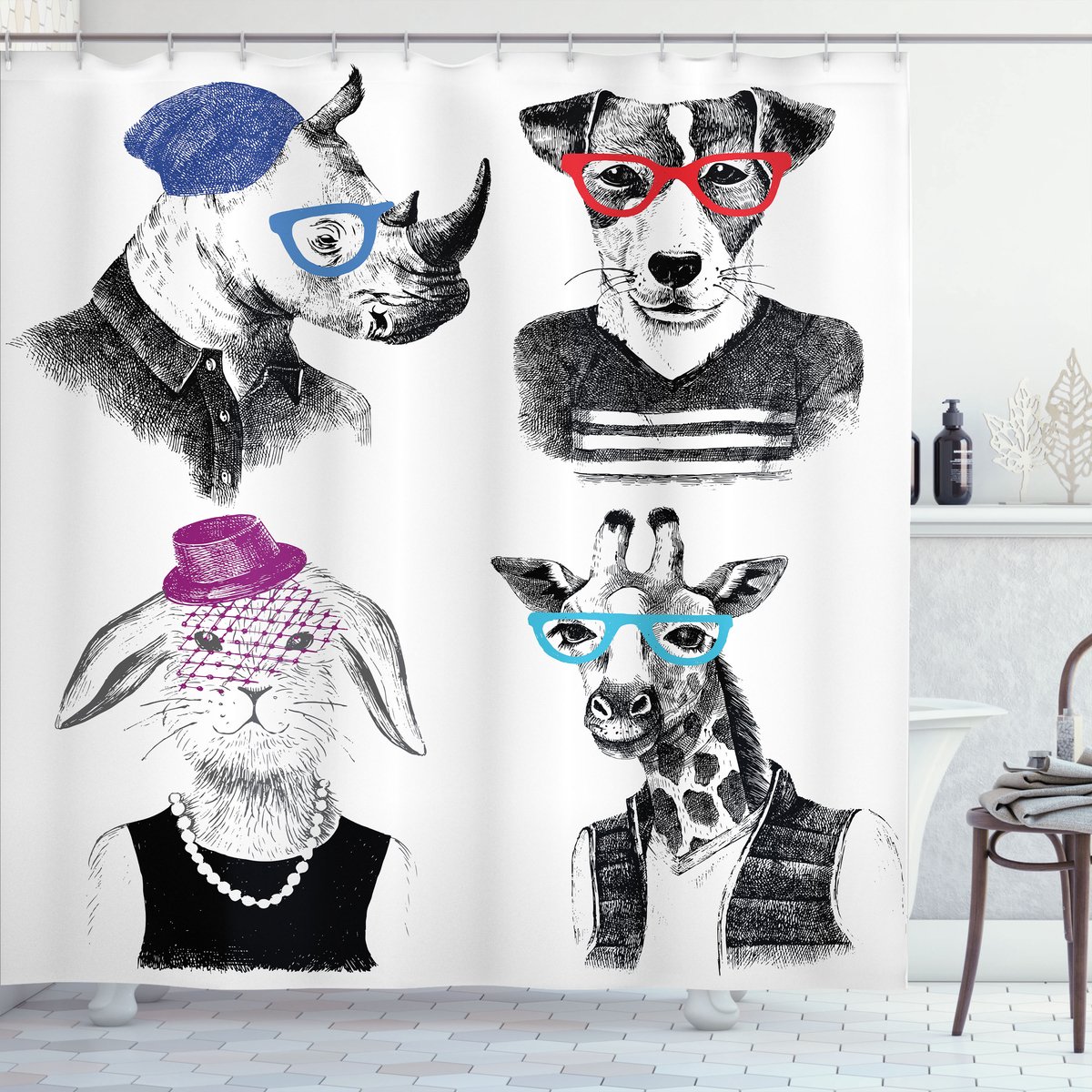 ABAKUHAUS Dier Douchegordijn, Hipster TierFiguren, Stoffen Set inclusief 12 Haken, 175 x 180 cm, Zwart-grijs-wit