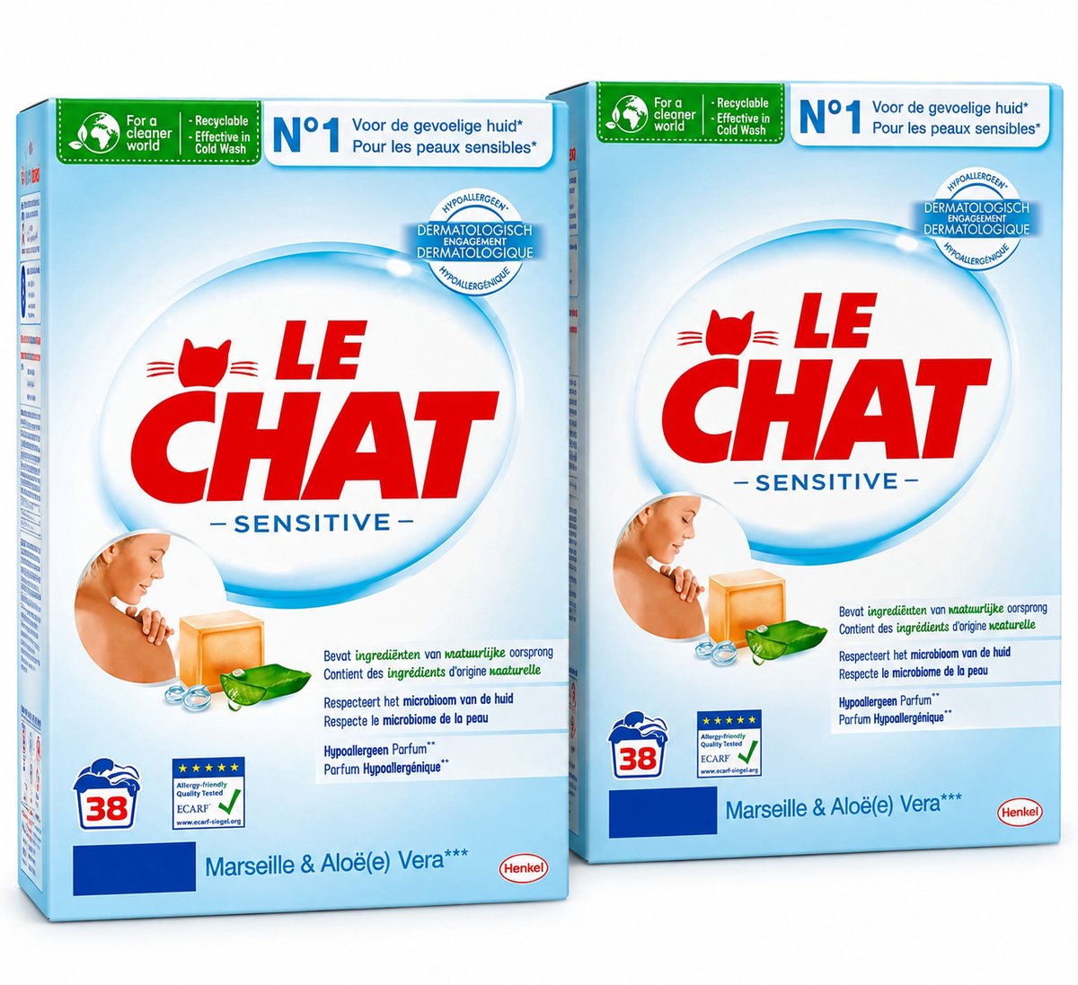 Le Chat - Waspoeder - Sensitive - Marseille & Aloe vera - 2X2.28Kg - 76 wasbeurten