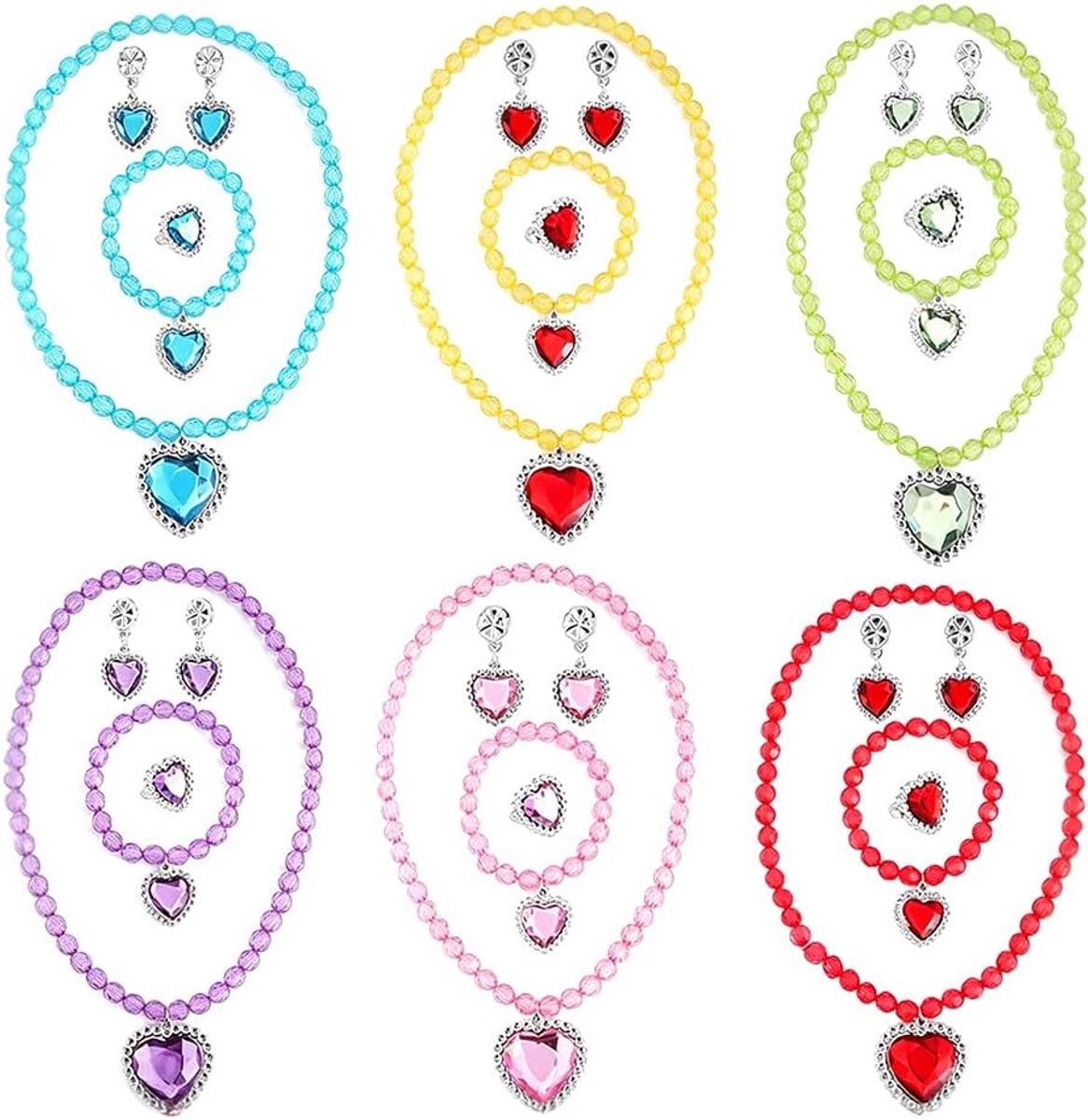 6 sets sieraden prinses speelgoed, 30-delige sieradenset voor cosplay, party, sieradensets voor meisjes met armband, halsketting, ring en oorbellen, verjaardagscadeau voor meisjes