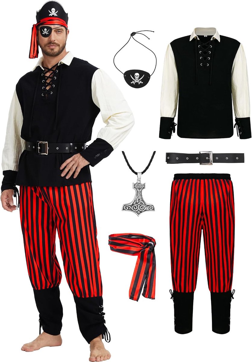 Piratenkostuum voor heren, 6-delig, carnaval, Halloween, piratenoutfit met overhemd, broek, hoofddoek, oogklep, riem en halsketting, piratenkostuum voor volwassenen