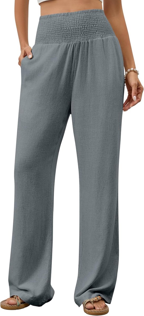 Broek voor dames, wijde pijpen, elegant, palazzo, casual, hoge taille, stoffen broek, lange lichte stoffen broek, plooiband met zakken