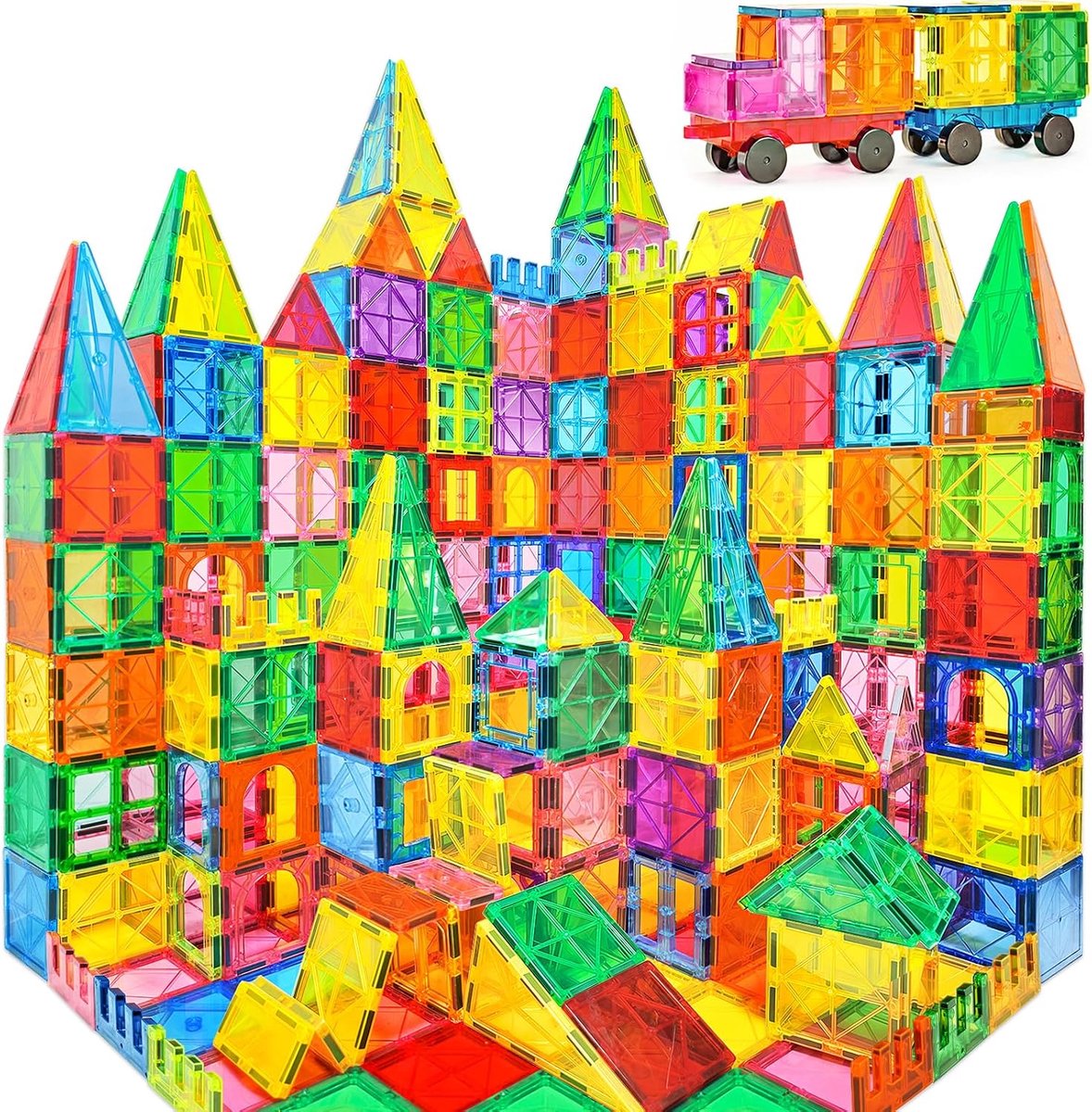 Magnetische Tegels Bouwstenen Met 2 Auto's Montessori Speelgoed Voor 3 4 5 6 7 8 Jaar Oude Jongens Meisjes Kinderen STEM Leren Educatief 3D Regenboog Kasteel Bouw Magneet Speelgoed Kerst