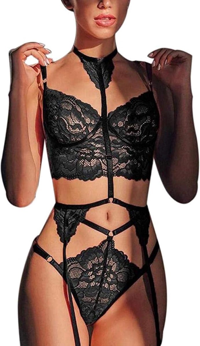 Lingerie Vrouwen Erotische Lingerie Sets 3 Stks Vrouwen Sexy Lingerie Set Zie -Through Lace Spaghetti Strap Vest Hoge Taille T-Back Panty + Kousenbanden Riem met Choker Bodysuit-Beige_L