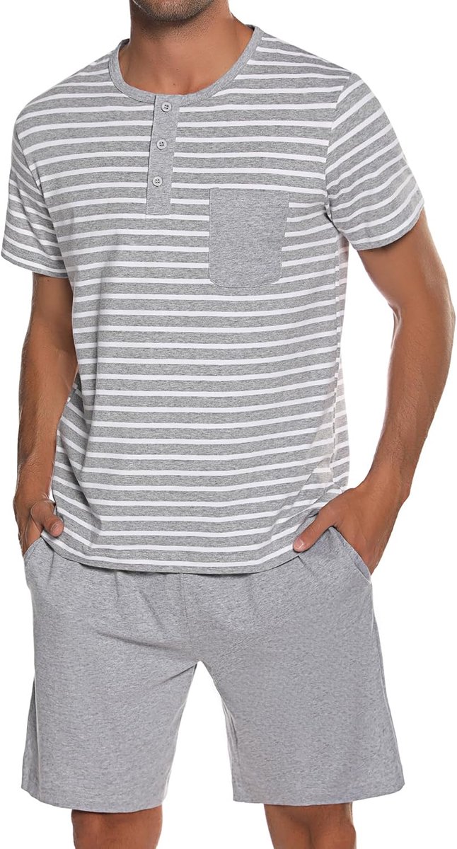 pyjama voor heren, van katoen met contrasterende strepen, zomerpyjamaset, bovendeel en korte broek, vader en partner, groen, L