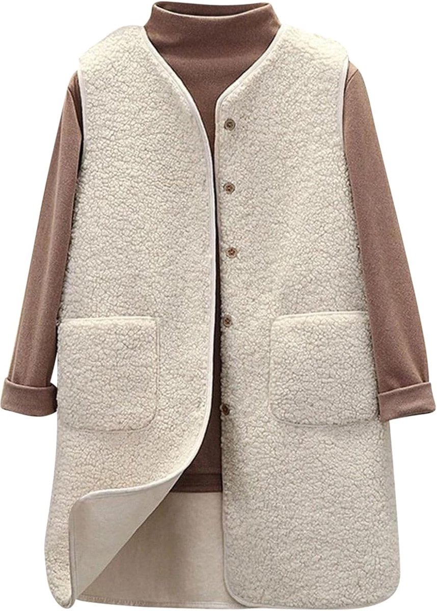 Lange teddy fleece gilet voor vrouwen, UK dames lichtgewicht bodywarmers mouwloze jassen button down vest top vest polar fleece V-hals jas winterjassen met zakken