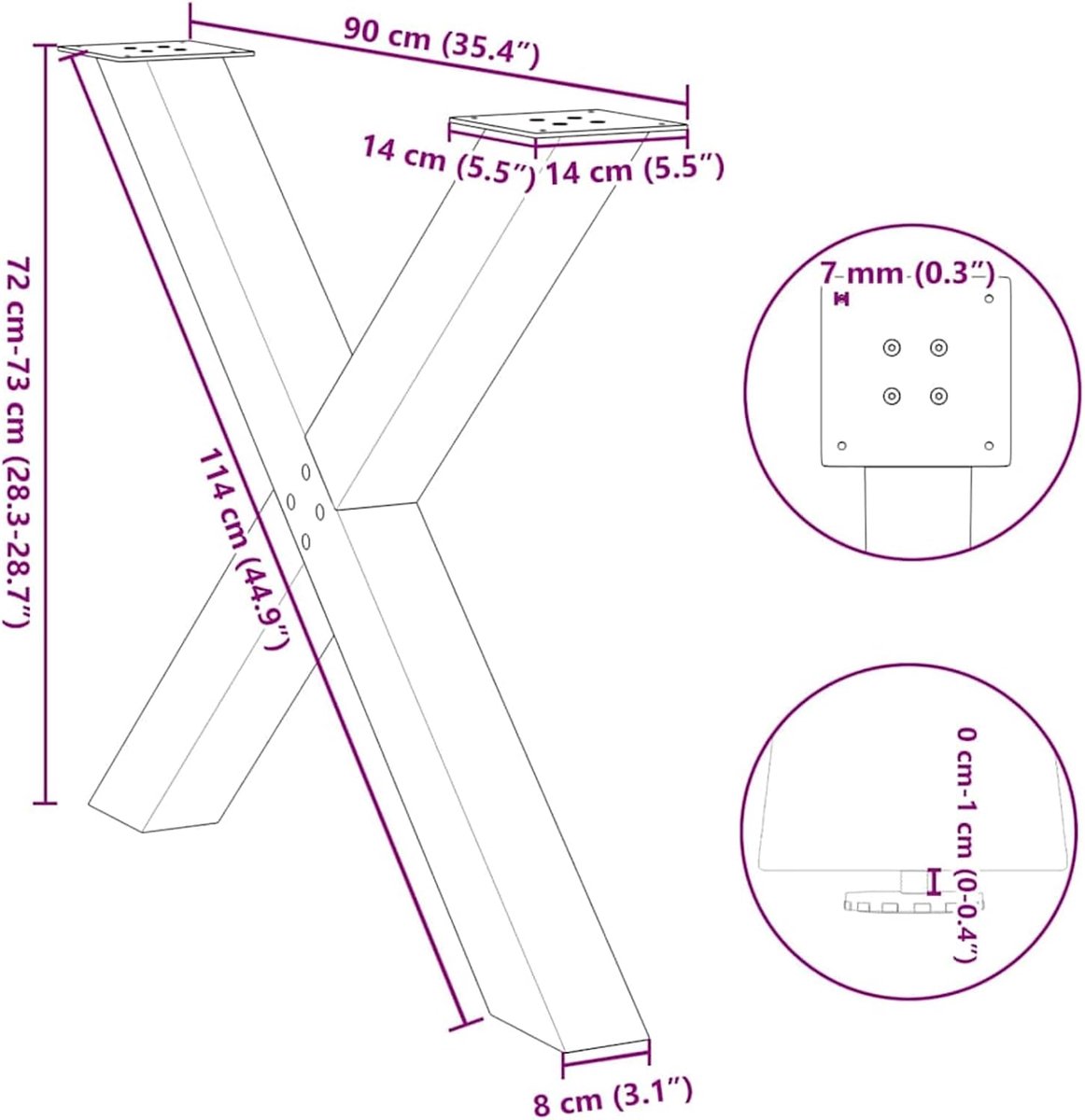 Poten X-vorm, 2 stuks, gepoedercoat staal, natuurlijk staal, 90 x (72-73) cm, met verstelbare nivelleringspoten