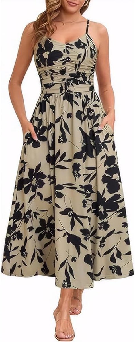 Zomerjurk voor dames, bloemenpatroon, mouwloos, smalle bandjes, ruches, zoom, bohemian jurk met zakken voor vrije tijd, avond, feest