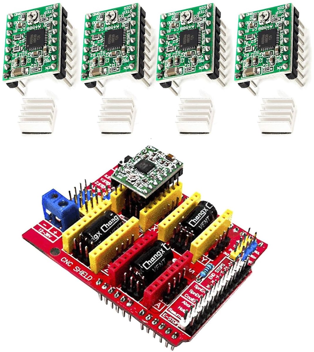 Dailygoods- Expansion Board CNC Schild V3 - 4 A4988 Drivers - Koellichaam - PWM-Spindel - Eindaanslagen - 12-36 V DC - CNC Shield
