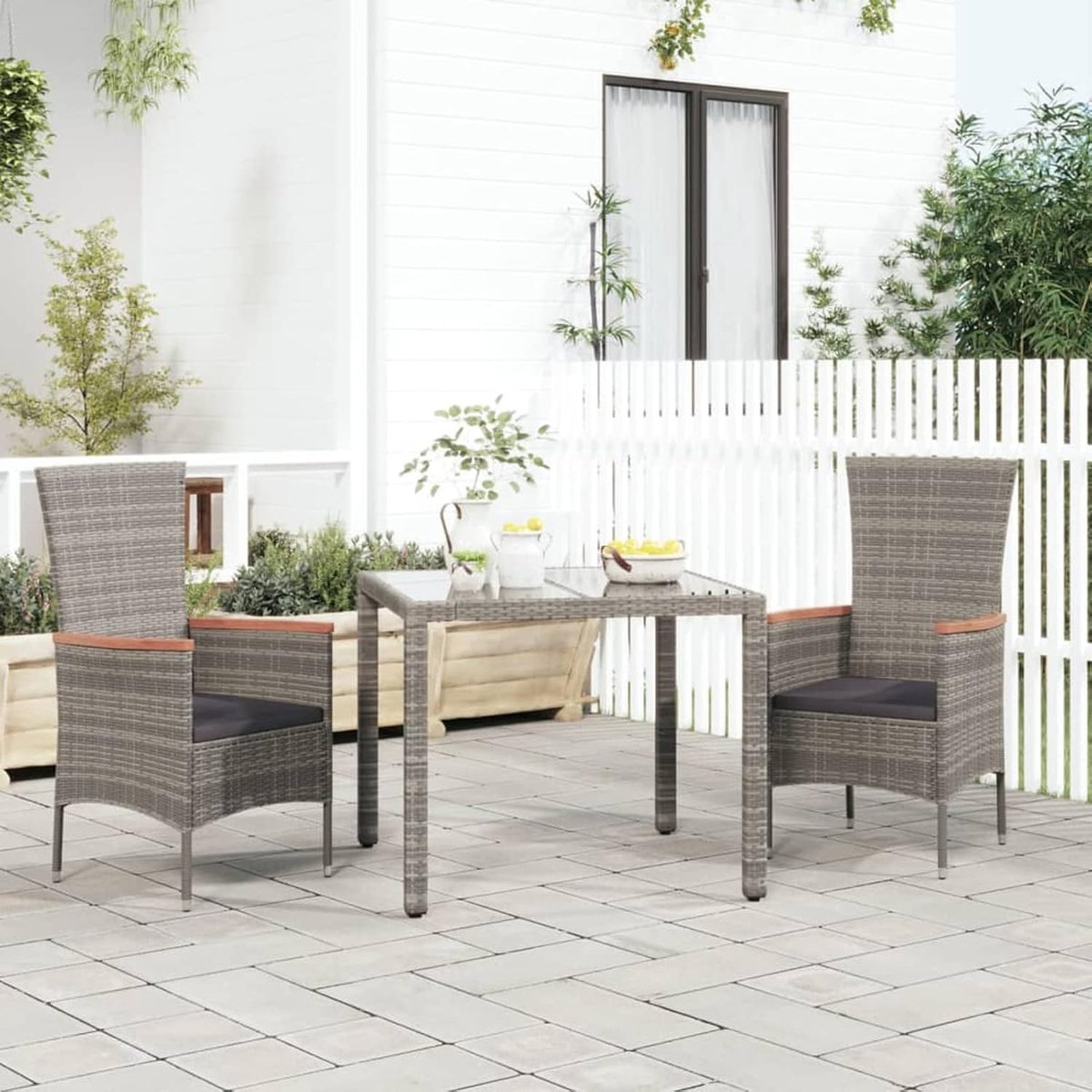 Tuinstoelen met kussens, 2 stuks, grijs, polyrotan, stoelen, eetkamerstoelen, tuinstoelen, buitenstoelen, tuinstoelen, buitenstoelen, J319526