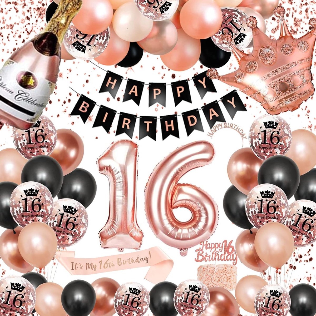 Verjaardagsdecoratie voor 16e verjaardag, roségoudkleurige en zwarte decoraties, ballonnen, vlaggetjeslijn met de tekst ‘Happy Birthday‘, confettiballonnen, voor meisjes