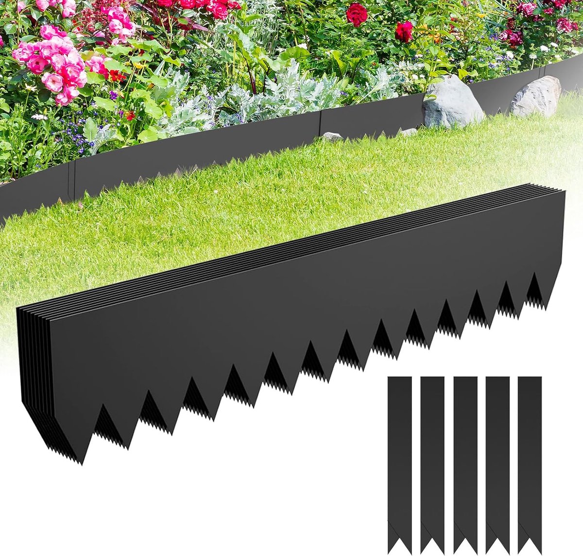 Flexibele gazonrand, L 100 x H 20 cm, bloembedomranding met doornen, tuinperkbegrenzing voor binnenplaats, boerderij, zwart, 5 stuks