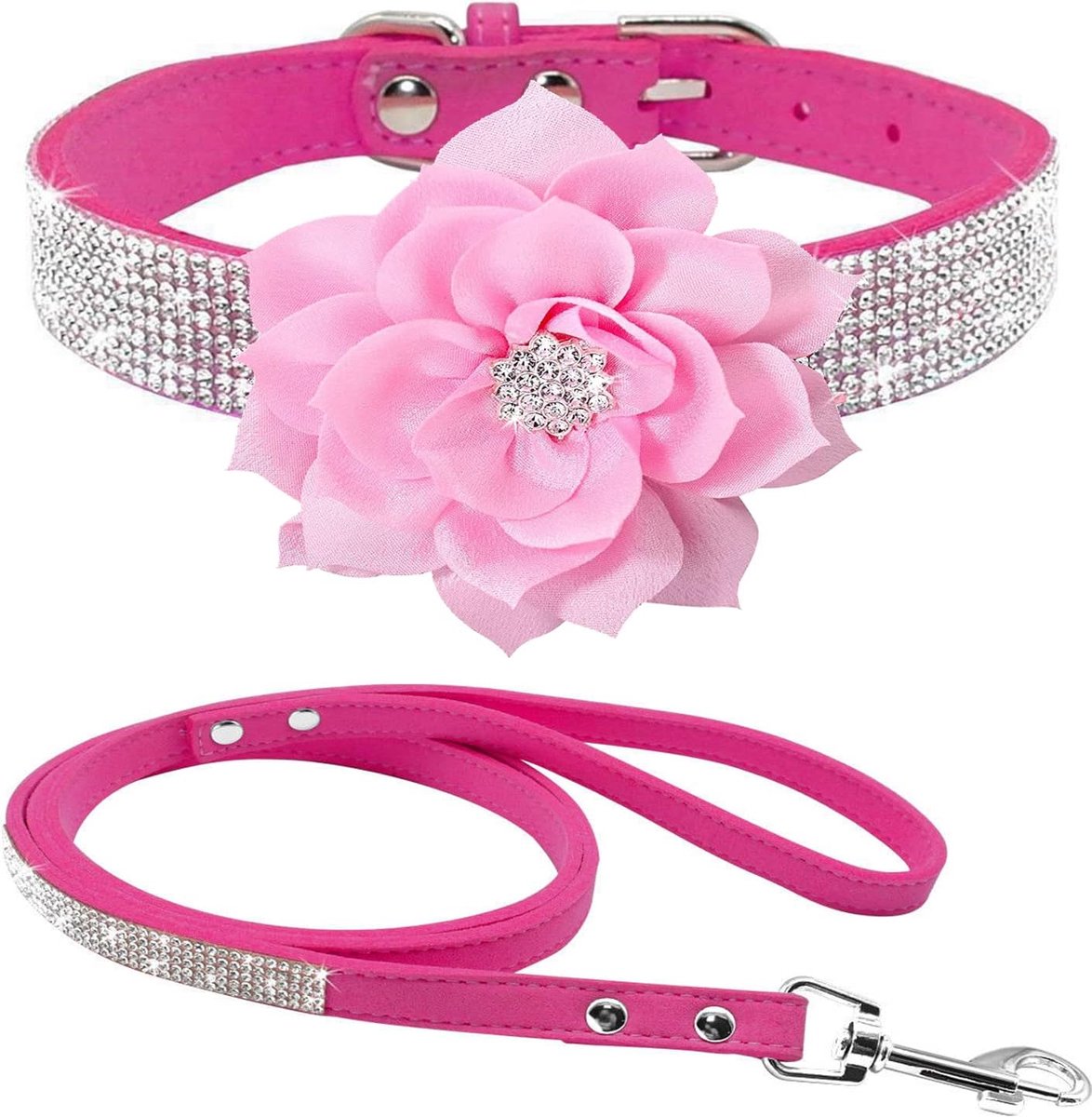 hondenhalsband, schattig, oogverblindend, sprankelend, zacht suède, lederen hond en kat strass halsband, riem, kristal diamanten halsband voor huisdier/hond/puppy (S, felroze-6)