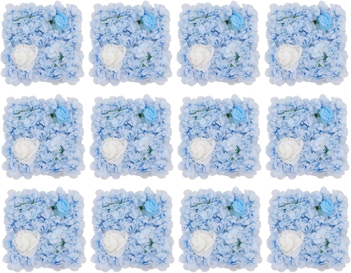 Kunstbloemenwand 12-delige set, 38x38 cm, blauw-wit, decoratie